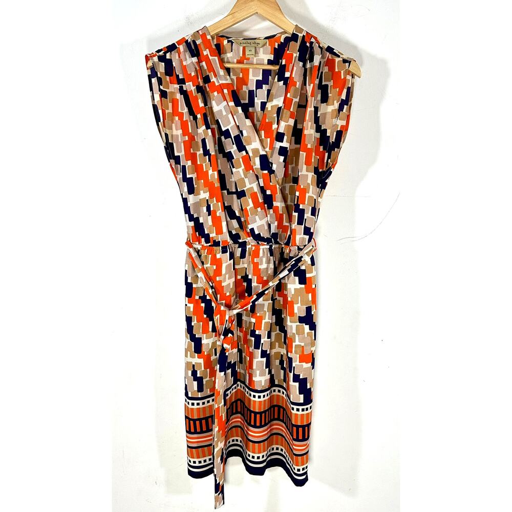 PRESLEY SKYE geometric print silk faux wrap dress Womans‎ XS